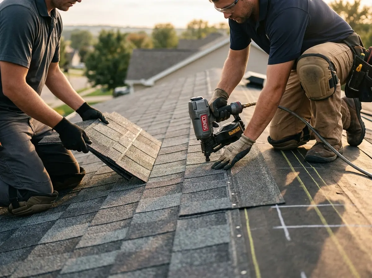 Professional roofer working on a residential roof in Red Bank